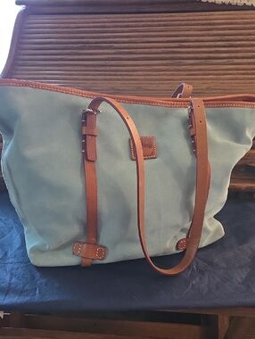 Light Blue Canvas Tote with Brown Leather Trim - Women's Bag